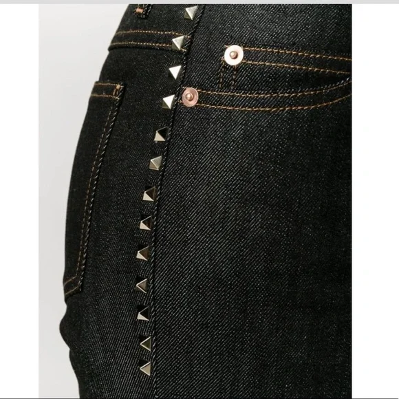 VALENTINO Gold Pyramid Rockstud Trim Straight Leg Dark Denim Jeans